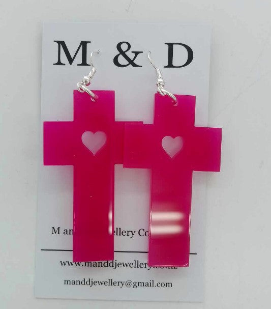 M and D jewellery - Cross with cutout cross Earrings | Hot Pink