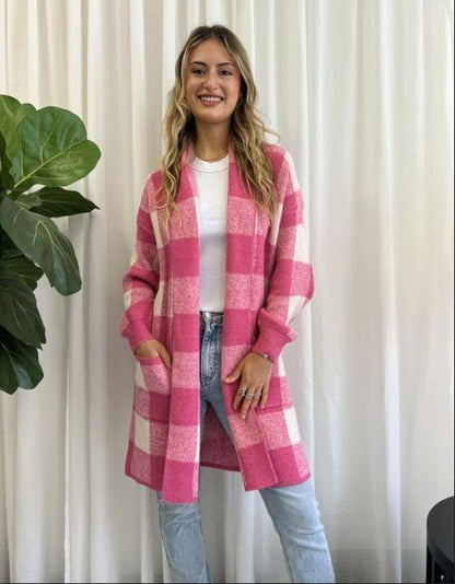 MIRACLE - Longline Knit Cardi | Pink Check