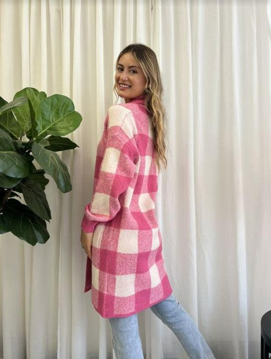 MIRACLE - Longline Knit Cardi | Pink Check