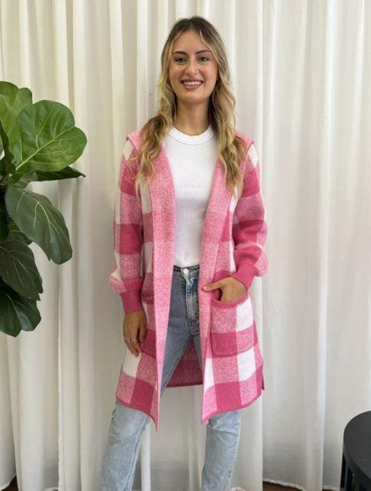 MIRACLE - Knit Cardigan with Hood | Pink Check