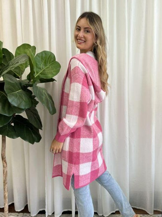 MIRACLE - Knit Cardigan with Hood | Pink Check