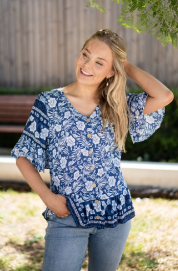 Willow Tree | Floral Print Frill Top - Blue