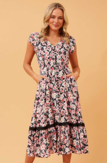 CKM | Lace Trim Midi Dress - Multi