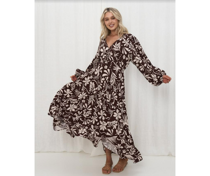 Iris Maxi The Label | Printed Maxi Dress- Brown\Cream