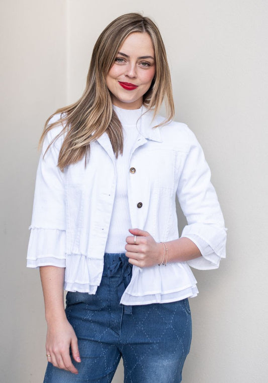 QQ Fashion | Frill Trim Denim Jacket - White