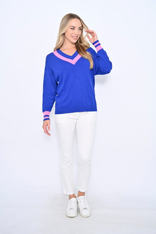 Cali & Co | Stripe V-neck Short Jumper - Blue/Pink