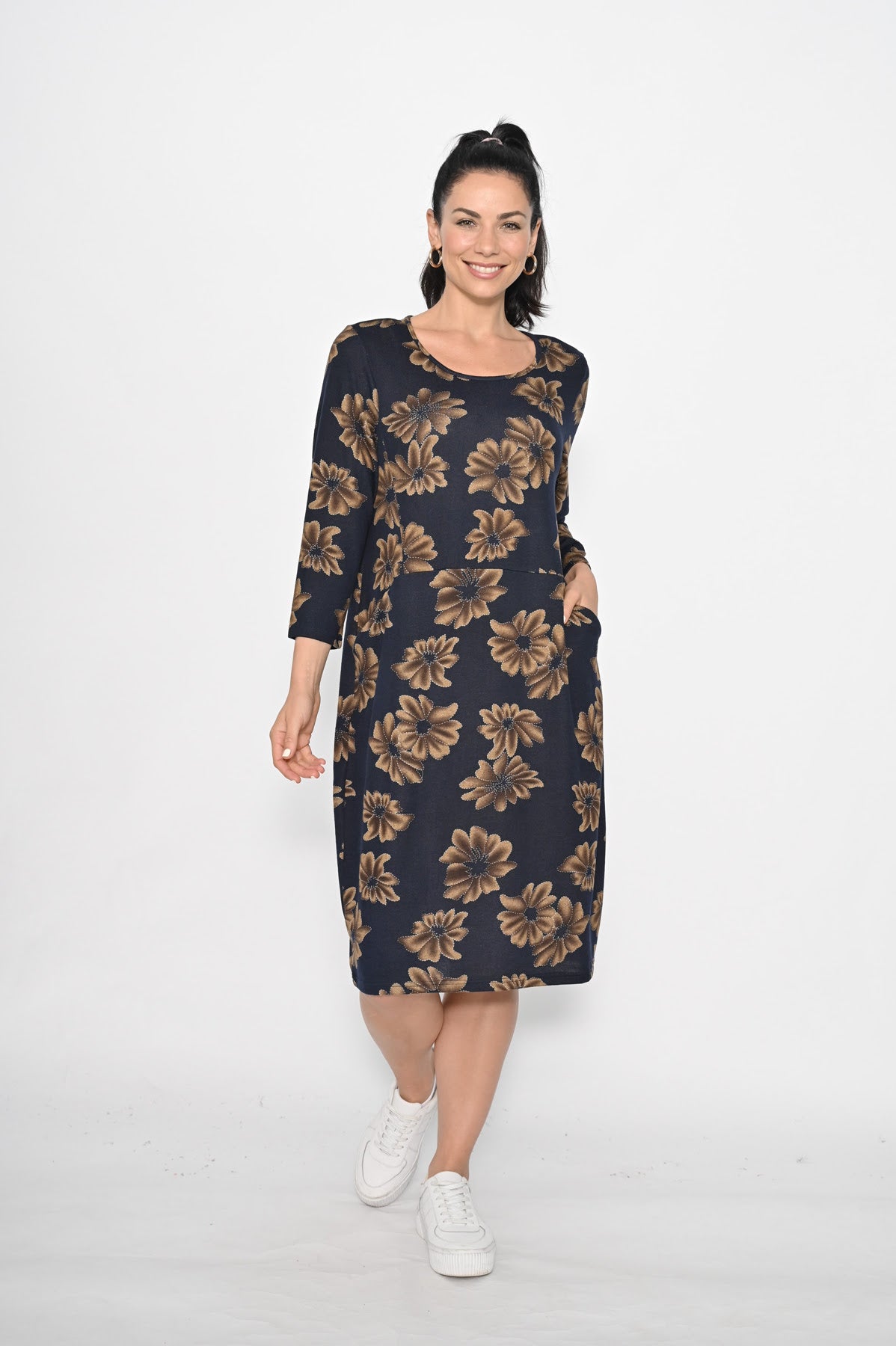 Cali & Co Front Seam Pocket Floral Dress - Navy Floral