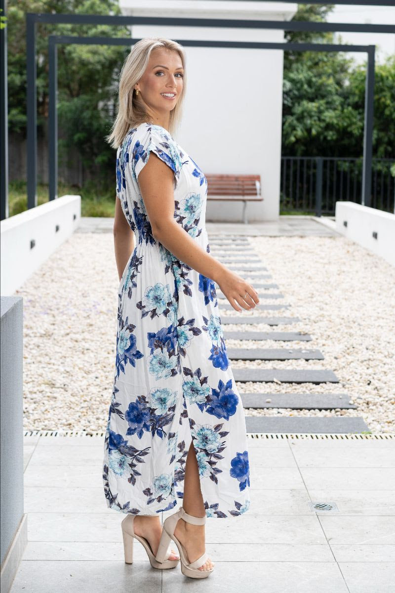 Willow Tree | Rayon Floral Print Dress - White/Blue