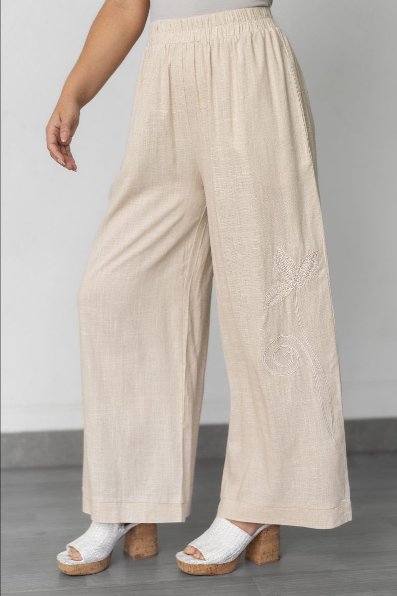 QQ Fashion | Tropical Embroidery Wide Leg Pant - Beige