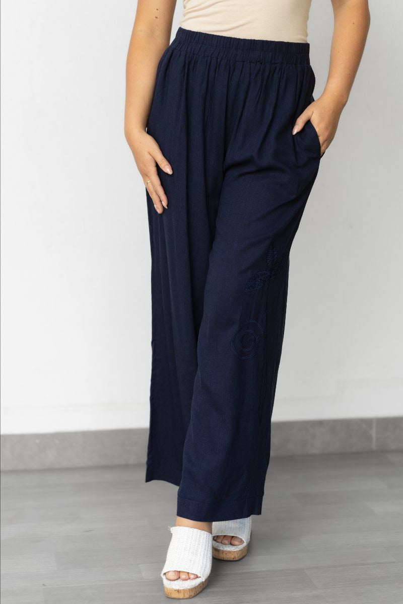 QQ Fashion | Tropical Embroidery Wide Leg Pant - Navy