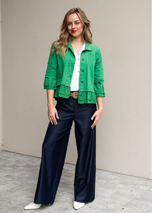 QQ Fashion | Frill Trim Denim Jacket - Green