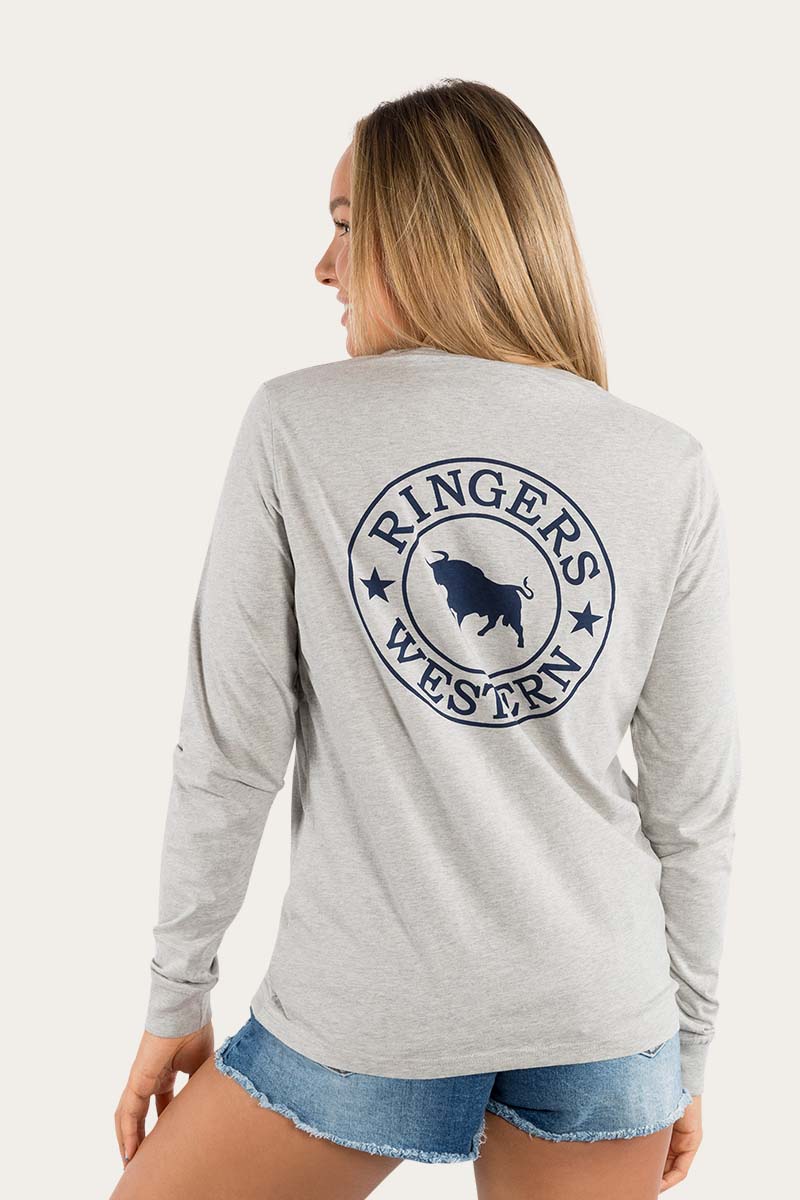 Ringers Western - WOMENS SIGNATURE BULL LONG SLEEVE TSHIRT - GREY MARLE WITH NAVY PRINT