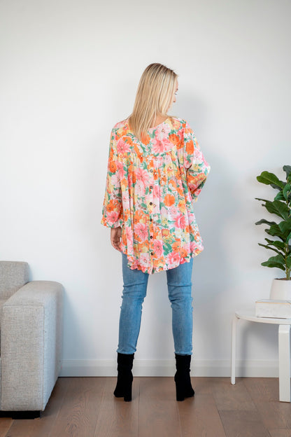 Ray Floral Print Back Button Frill Blouse - Pink